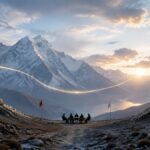 Two communication posts linked across Himalayan mountains, symbolising India-China border hotlines and dialogue