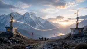 Two communication posts linked across Himalayan mountains, symbolising India-China border hotlines and dialogue