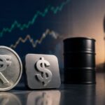 Indian rupee and US dollar symbols beside an oil barrel and pumpjack