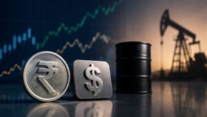 Indian rupee and US dollar symbols beside an oil barrel and pumpjack